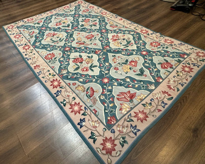 Teal Needlepoint Rug 6x9, Panel Design, Floral Bouquets, Handmade - Nuvé