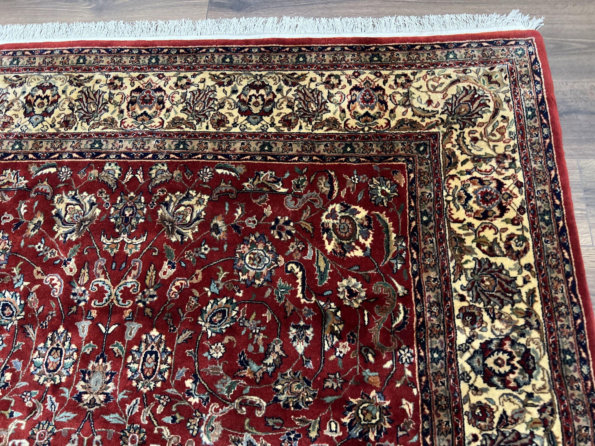 Vintage Indo Persian Rug 6x9, Very Finely Hand-Knotted Carpet 6 x 9 Red Cream Indian Oriental Carpet, Traditional Floral Wool Area Rug 1970s - Nuvé