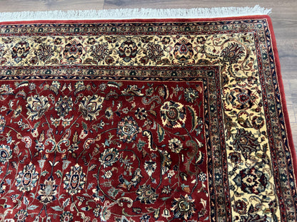 Vintage Indo Persian Rug 6x9, Very Finely Hand-Knotted Carpet 6 x 9 Red Cream Indian Oriental Carpet, Traditional Floral Wool Area Rug 1970s - Nuvé