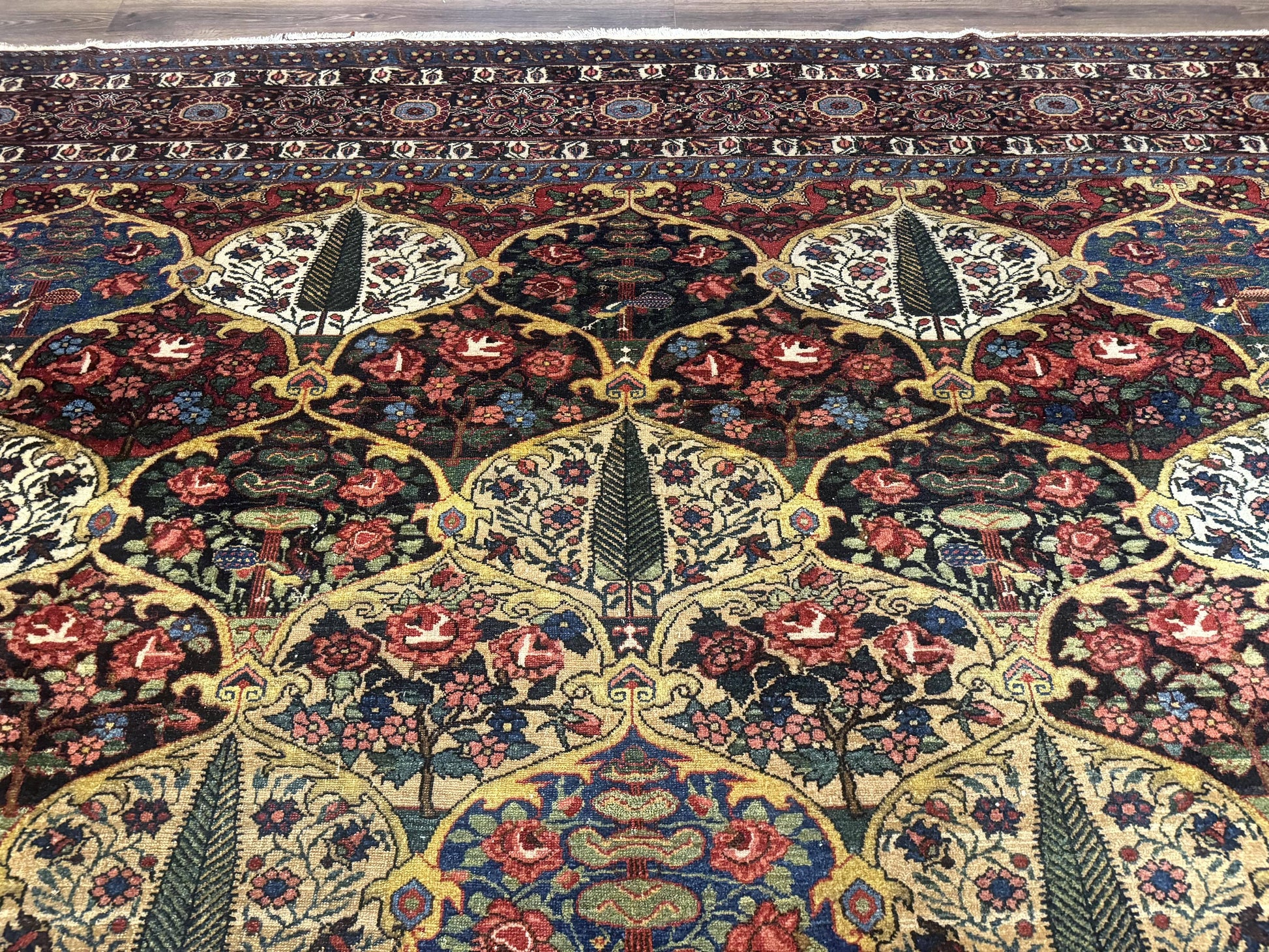 Antique Persian Bakhtiari Rug 12x19, Palace Size Wool Handmade Persian Carpet, Oversized Rug, Panel Design, Peacocks, Multicolor, Rare - Nuvé