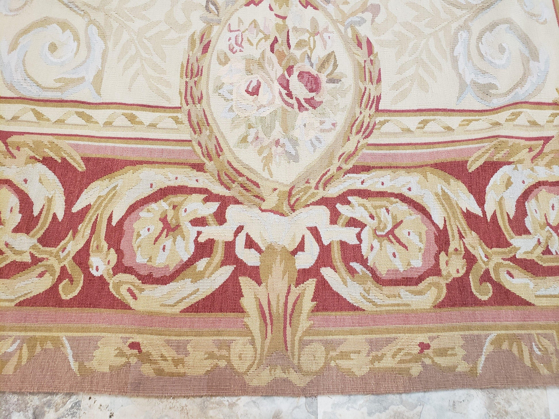 Aubusson Rug 6x9, Elegant Flatweave Rug, Aubusson Savonnerie 6 x 9 Flatweave Area Rug, Cream and Red, Wool Hand Woven Carpet, Medium Size - Nuvé