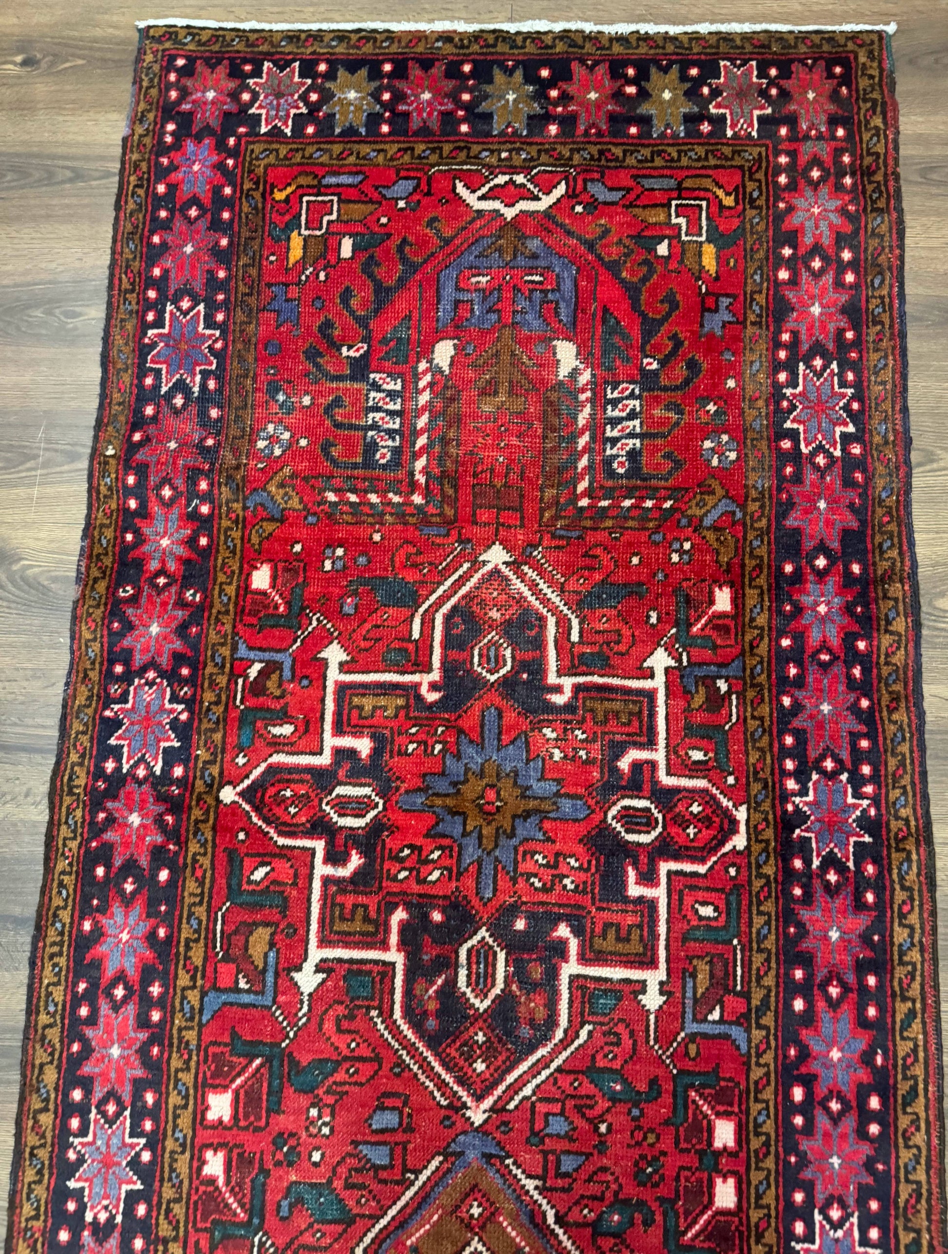 Persian Heriz Karajeh Runner Rug 3.7 x 12, Geometric Medallions, Red and Navy Blue - Nuvé
