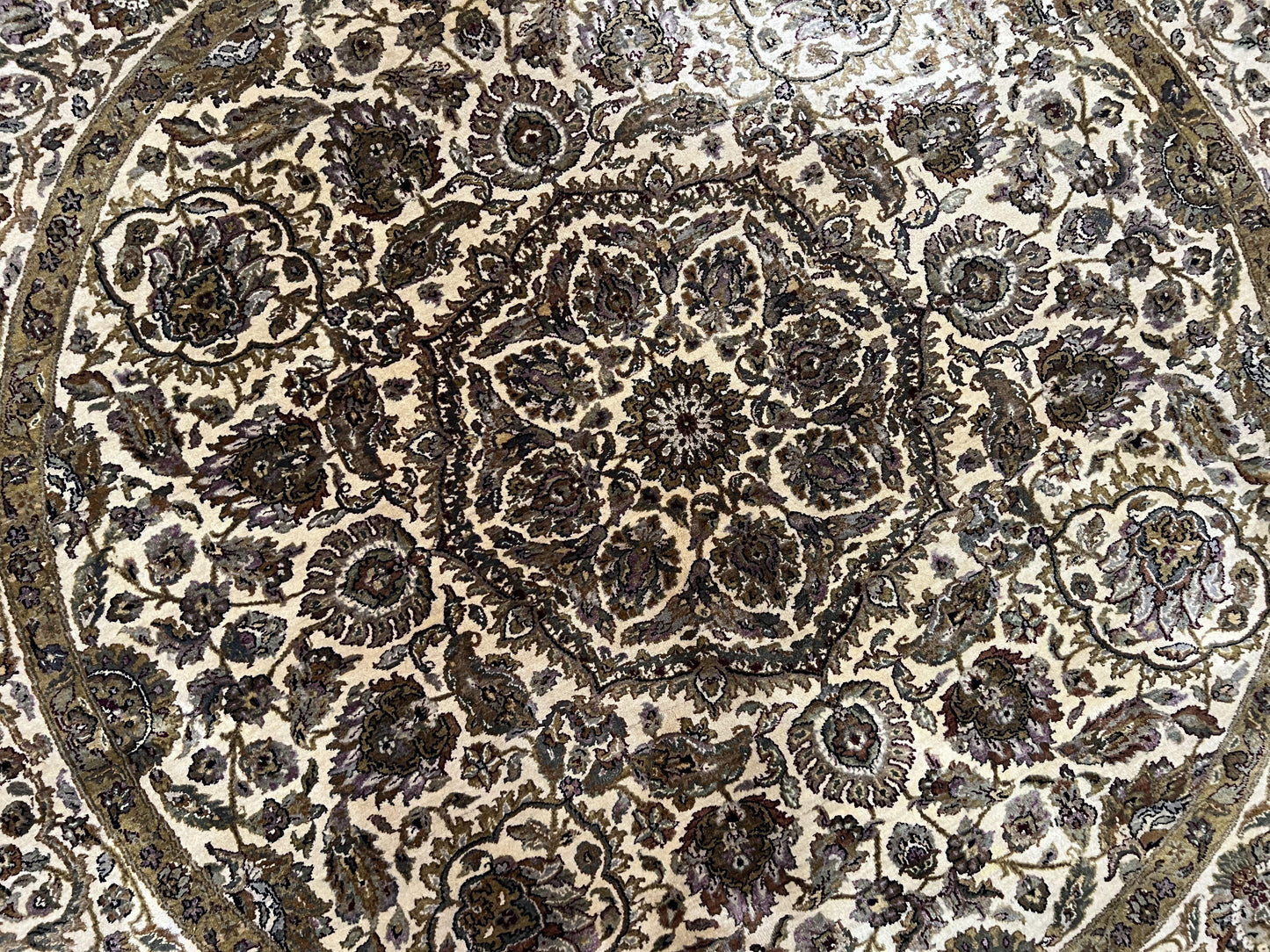 Round Indo Persian Rug 8x8 ft, Large Hand Knotted Vintage Wool Circular Carpet, 8ft Round Oriental Rug, Floral Medallion, Cream and Green