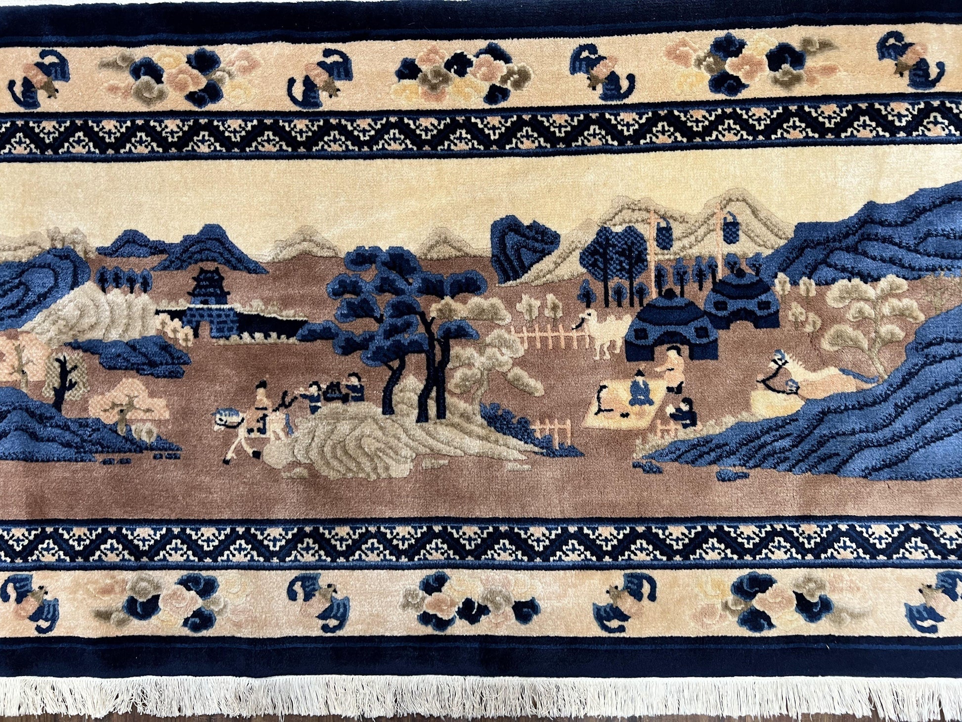 Antique Chinese Pictorial Rug 2.7 x 5, Chinese Village and Hills Carpet, Beige and Dark Blue, Handmade, Horizontal Rug Wall Hanging Tapestry - Nuvé