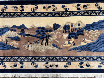Antique Chinese Pictorial Rug 2.7 x 5, Chinese Village and Hills Carpet, Beige and Dark Blue, Handmade, Horizontal Rug Wall Hanging Tapestry - Nuvé