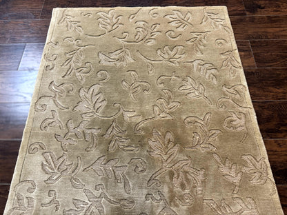 Modern Tibetan Rug 3.7 x 5.5, Carved Floral Design, Wool and Silk Highlights - Nuvé
