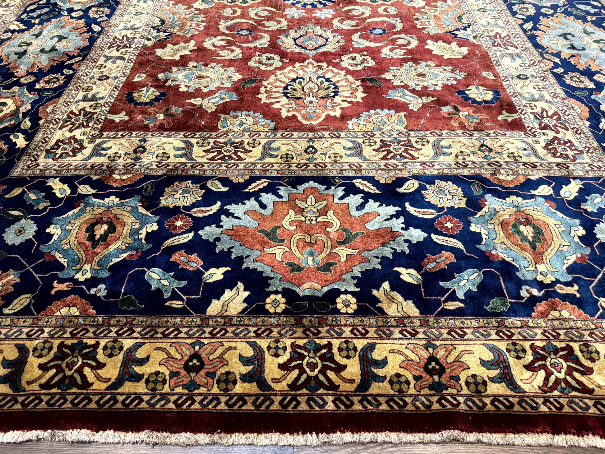 Palace Size Indo Persian Rug 12x15, Sultanabad Mahal Carpet, Red Navy Blue, Fine 210 KPSI - Nuvé