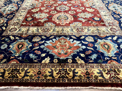 Palace Size Indo Persian Rug 12x15, Sultanabad Mahal Carpet, Red Navy Blue, Fine 210 KPSI - Nuvé