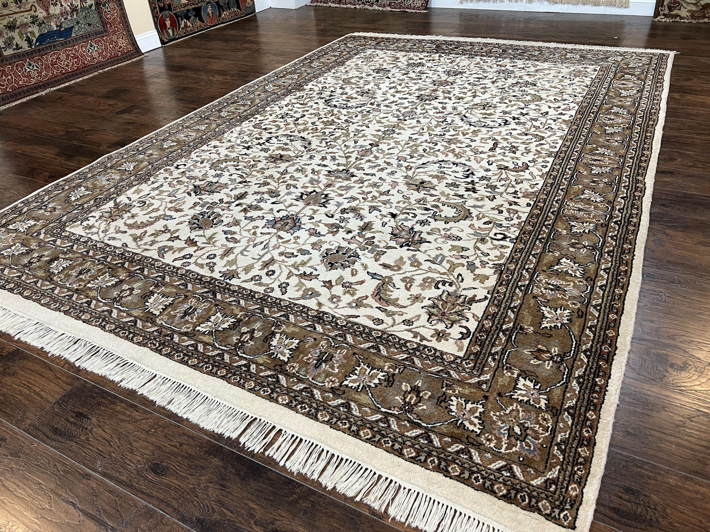 Indo Kirman Rug 8x12 Allover Floral Design, Ivory/Cream Brown, Vintage Handmade Hand Knotted Rug, Traditional Wool Persian Carpet 8 x 12 - Nuvé