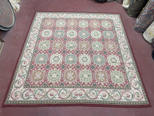 9x9 Square Rug Hand Knotted, Needlepoint Aubusson Carpet, Blush Red, Beige, Green, New, Mint Condition Area Rug, English European Design - Nuvé