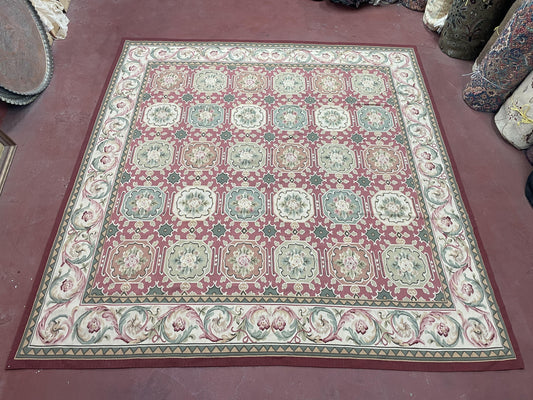 9x9 Square Rug Hand Knotted, Needlepoint Aubusson Carpet, Blush Red, Beige, Green, New, Mint Condition Area Rug, English European Design - Nuvé