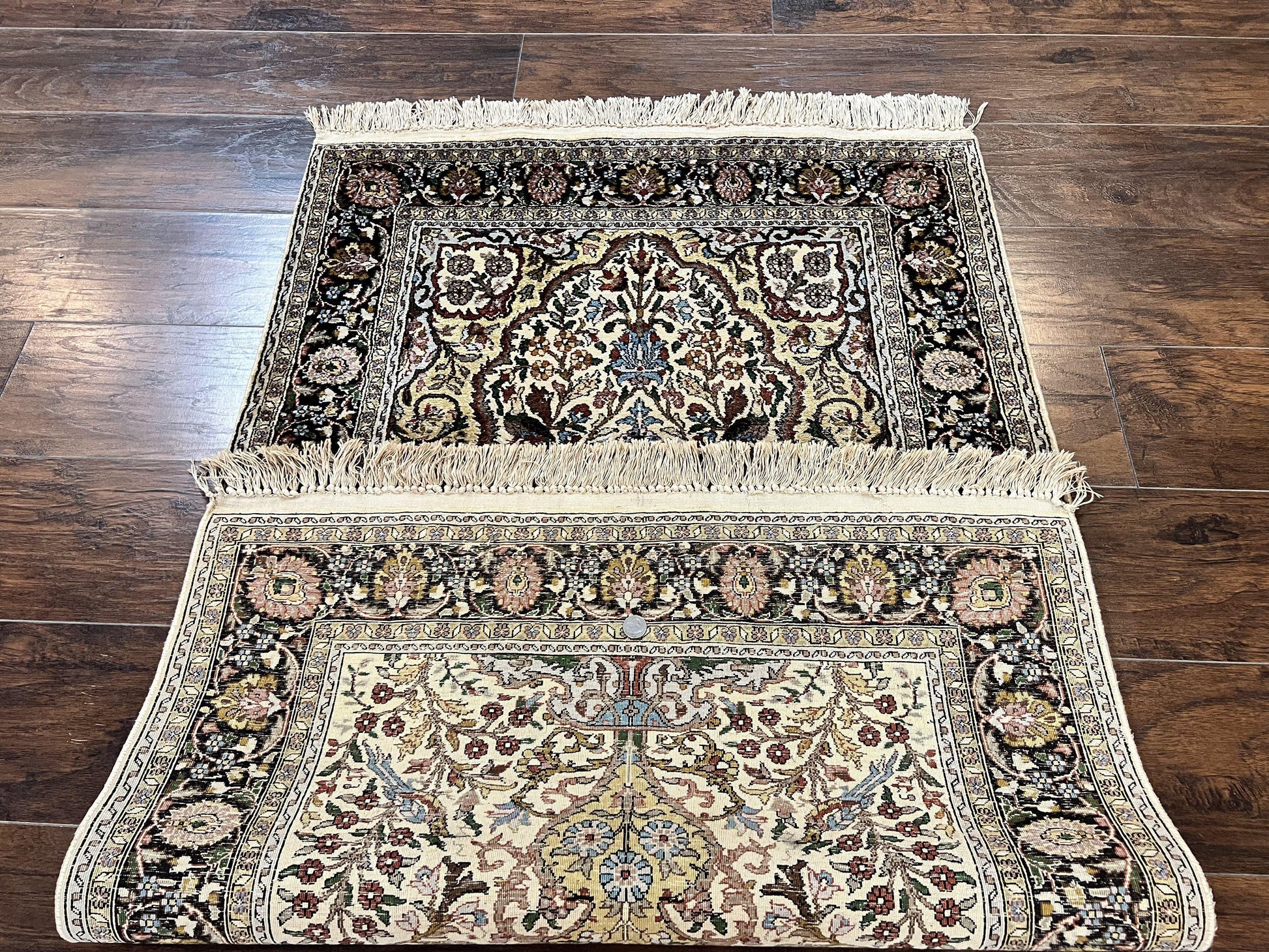 Turkish Kayseri Silk Rug 3x5, Tree of Life Silk Oriental Carpet, Birds Persian Vase Design, Hand Knotted Vintage Fine Rug, 340 KPSI - Nuvé
