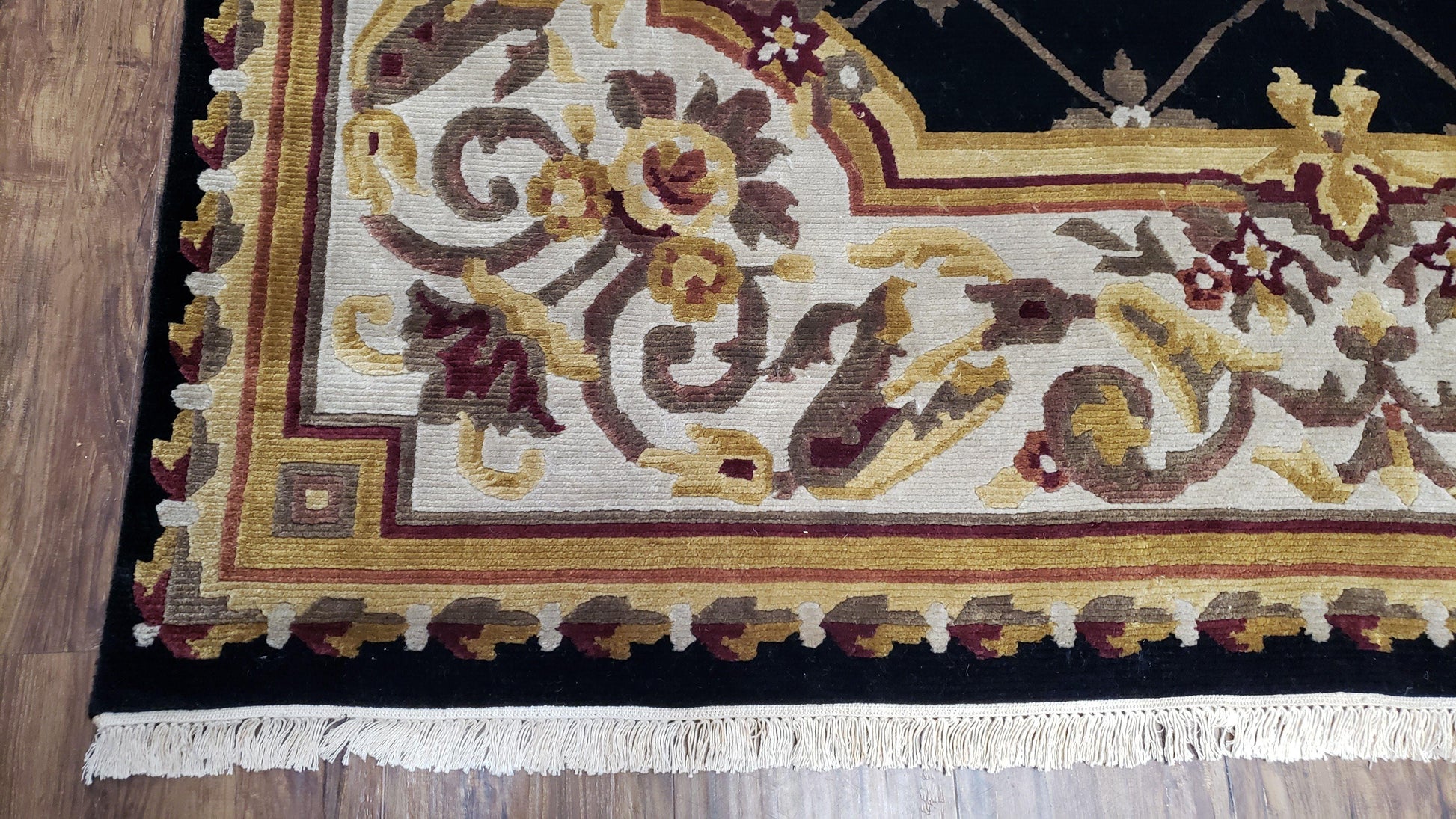 6x9 Nepalese Rug, Aubusson Savonnerie Area Rug 6 x 9 with Soft Pile, Hand-Knotted Wool Black & Beige Tibetan New Carpet European Design - Nuvé