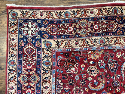 Signed Persian Mashad Rug 8x10, Wool Oriental Carpet, Semi Antique Rug, Hand Knotted, Traditional, Red, Floral Allover, - Nuvé