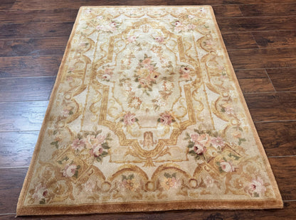 Chinese Aubusson Rug 3.6 x 5, Beige and Gold, Handmade Vintage Elegant European Design Carpet, Plush Wool, Handmade - Nuvé