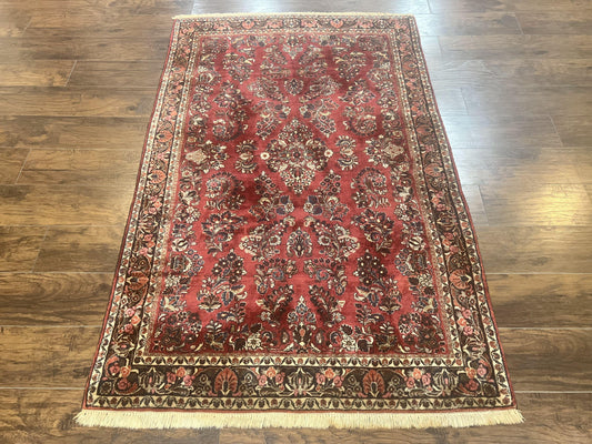 Antique Persian Sarouk Rug 4x7, Hand Knotted Wool Red Persian Carpet, Floral - Nuvé