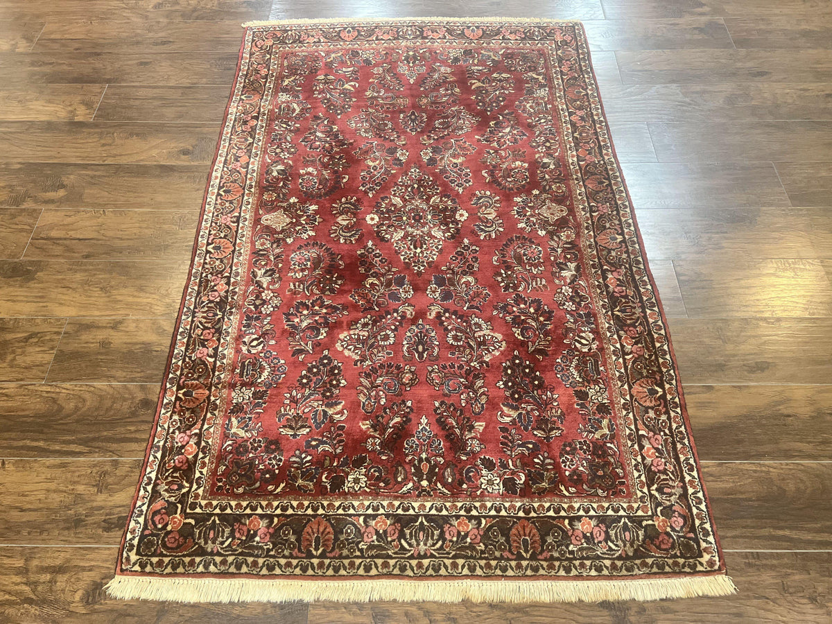 Antique Persian Sarouk Rug 4x7, Hand Knotted Wool Red Persian Carpet, Floral