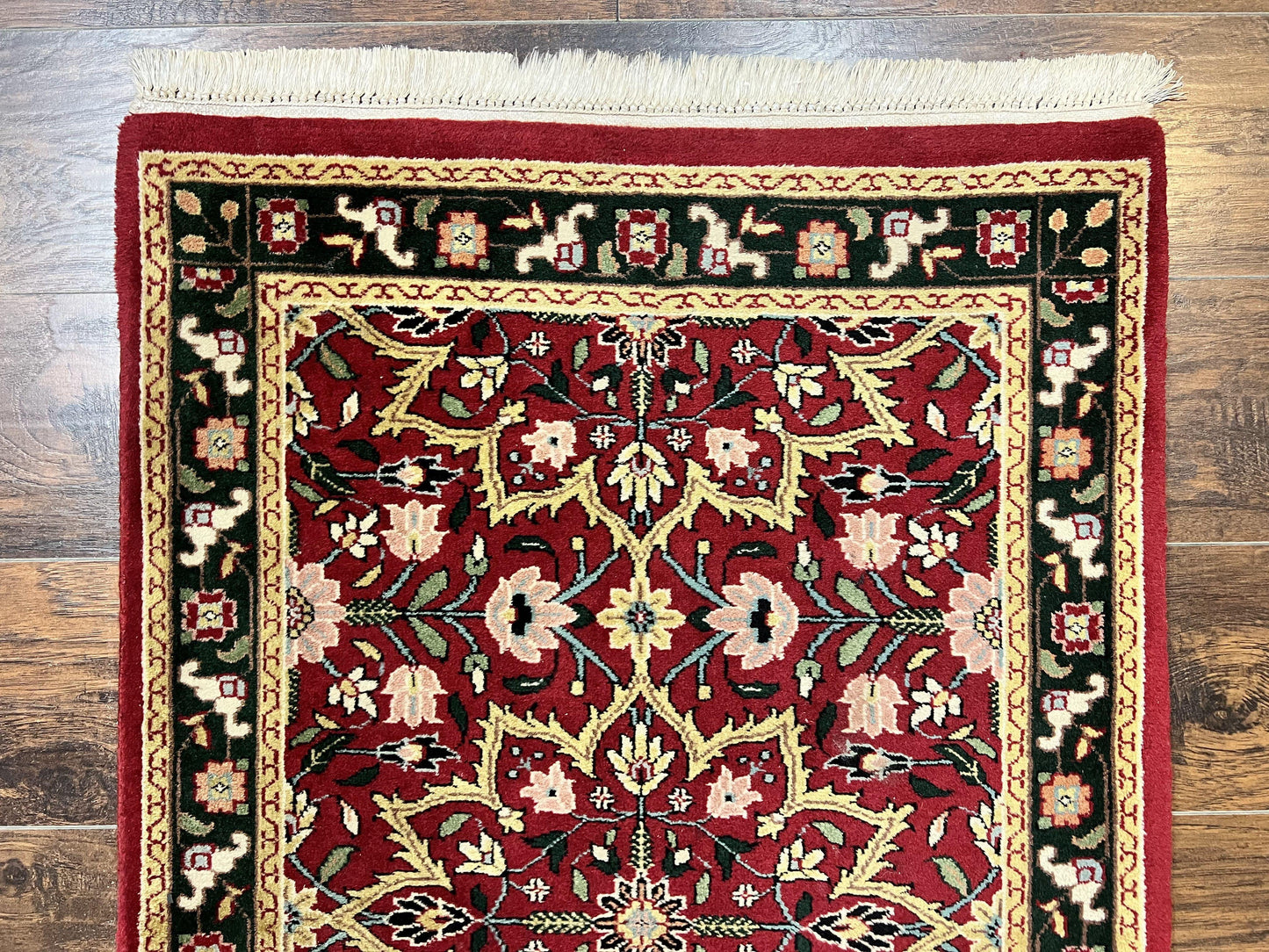 Indo Sarouk Runner Rug 2.6 x 10 ft, Floral Hand Knotted Wool Handmade Vintage Indian Hallway Rug, Red Tan Black, 10ft Persian Runner - Nuvé