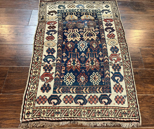Antique Caucasian Kazak Rug 2.5 x 4, Navy Blue and Ivory, Hand Knotted Handmade Wool Rug - Nuvé
