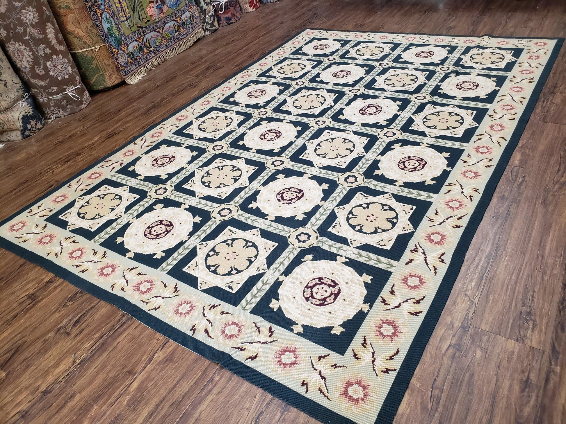 Vintage Chinese Needlepoint Rug 6x9, Panel Design Area Rug Wool Hand-Woven Black & Ivory Carpet Flat Weave Bedroom Rug 6 x 9 Living Room Rug - Nuvé