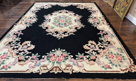 Aubusson Rug 8x11, Black and Ivory, Hooked Rug, Vintage, Wool - Nuvé