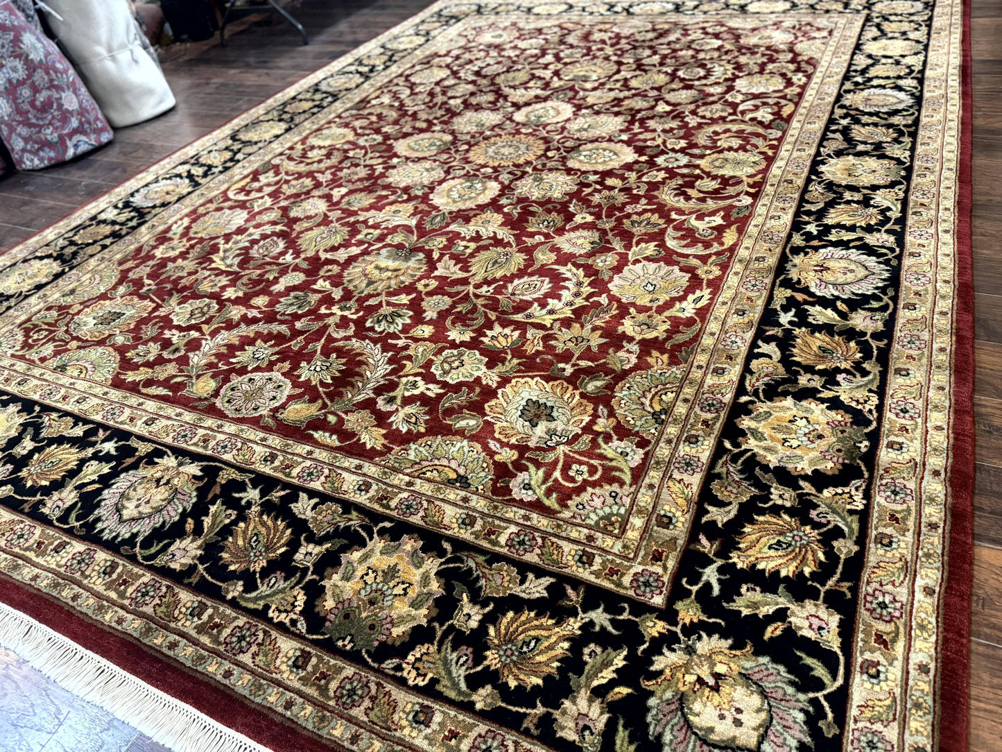 Indian Agra Rug 10x14, Traditional Oriental Carpet, Room Sized Wool Area Rug, Floral, Maroon - Nuvé