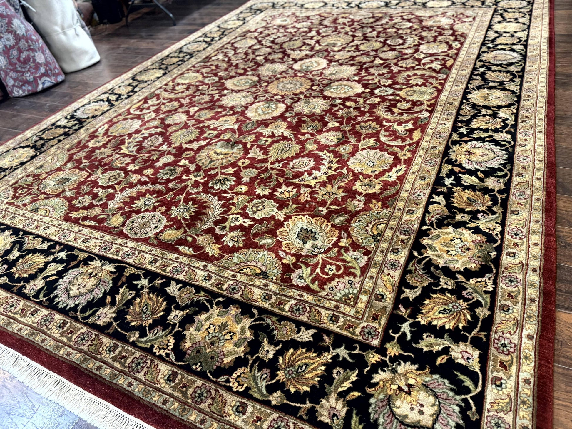 Indian Agra Rug 10x14, Traditional Oriental Carpet, Room Sized Wool Area Rug, Floral, Maroon - Nuvé