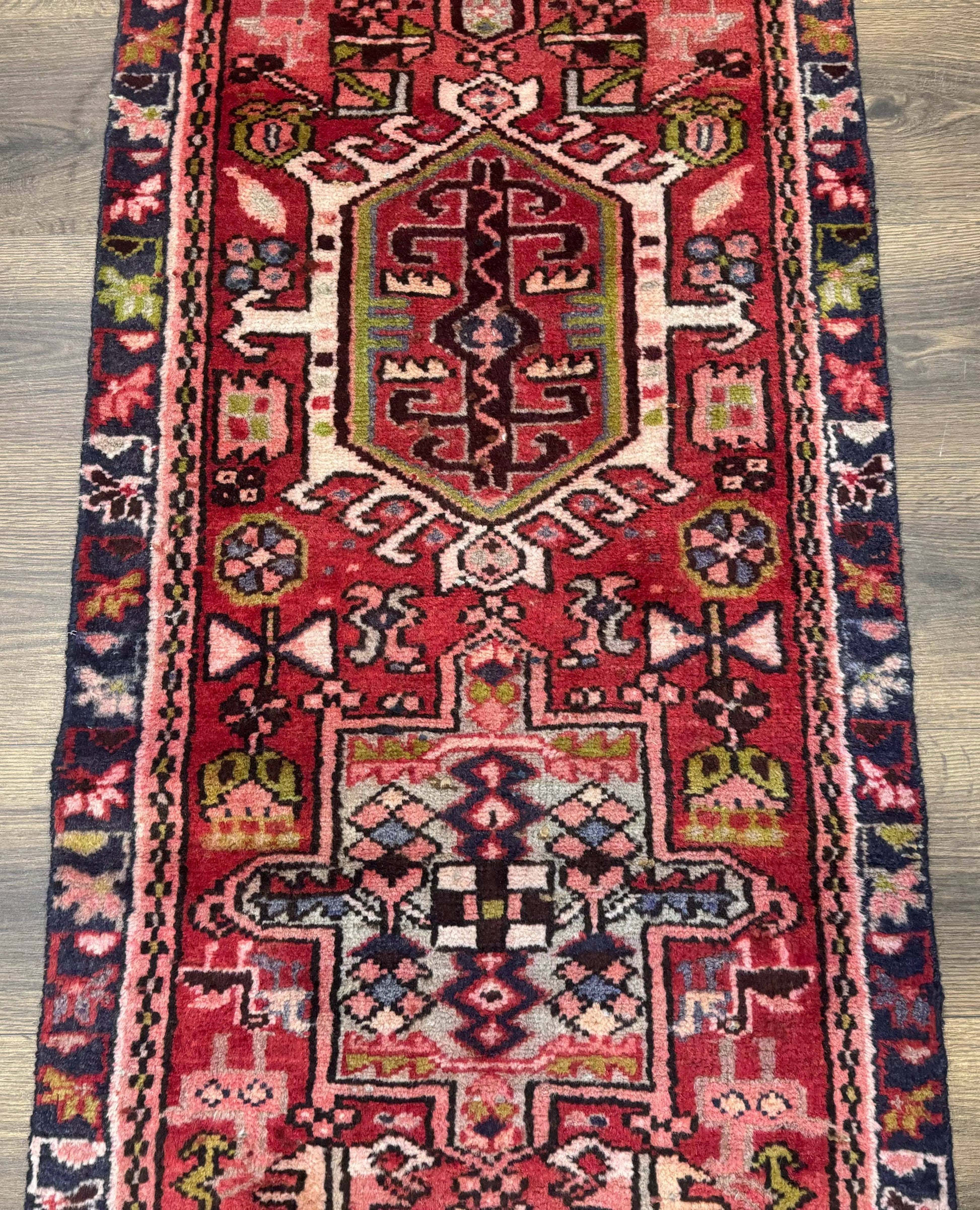 Persian Heriz Karajeh Runner Rug 2x9, Geometric Medallions, Red Navy Blue, 2 x 9 Rug for Hallway - Nuvé