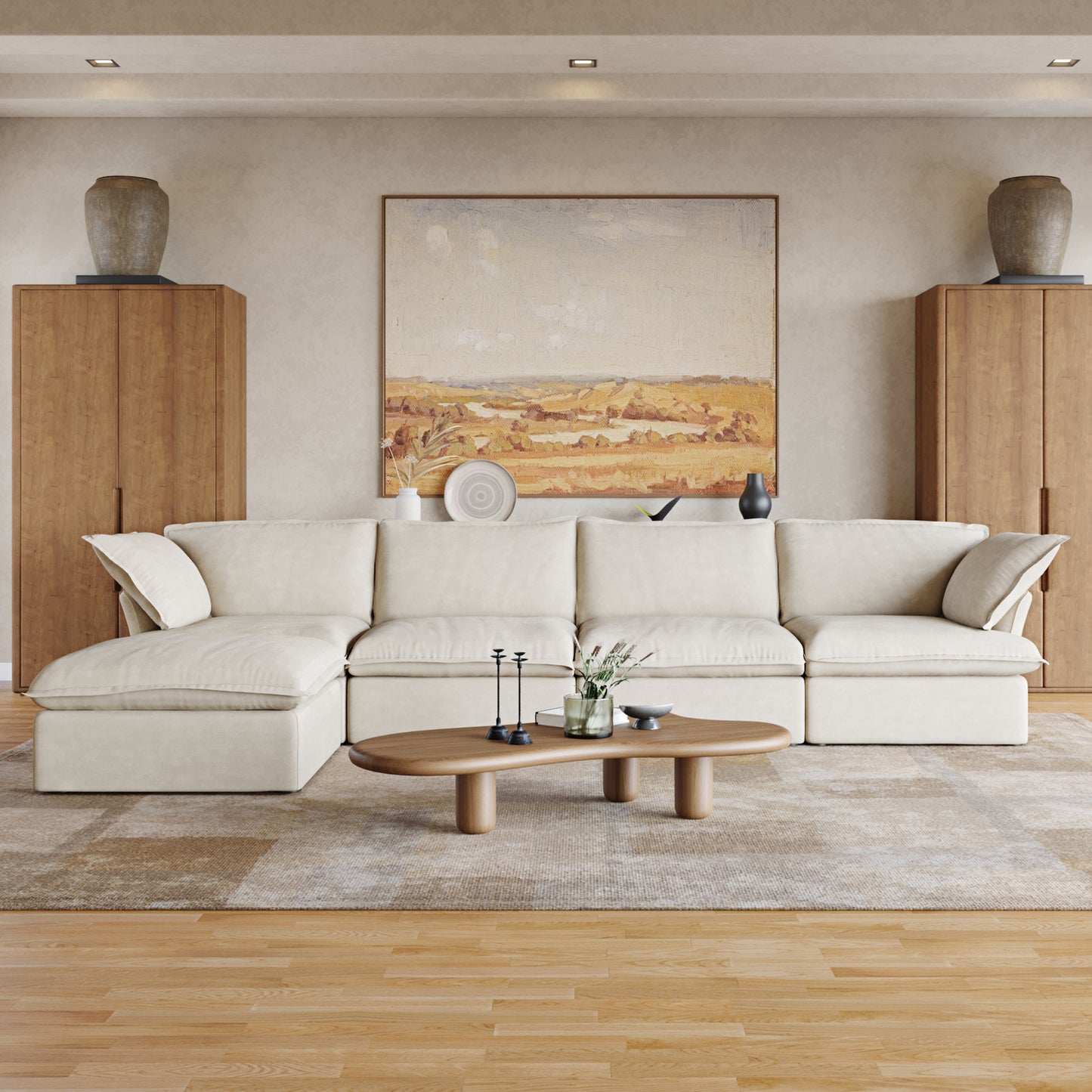 Sabi Modular Boucle Cloud Sofa - Beige - 4-Seater Sectional Sofa with Ottoman - Nuvé
