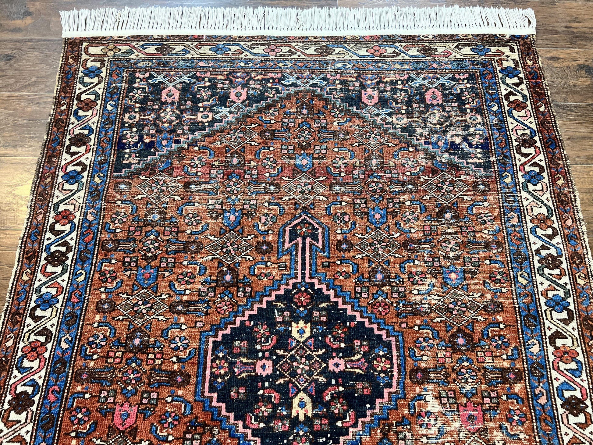 Red Persian Hamadan Rug 4x6, Wool Handmade Antique Carpet, Geometric Medallion Rug, Oriental Rug 4 x 6, Persian Tribal Rug, Hand Knotted Rug - Nuvé