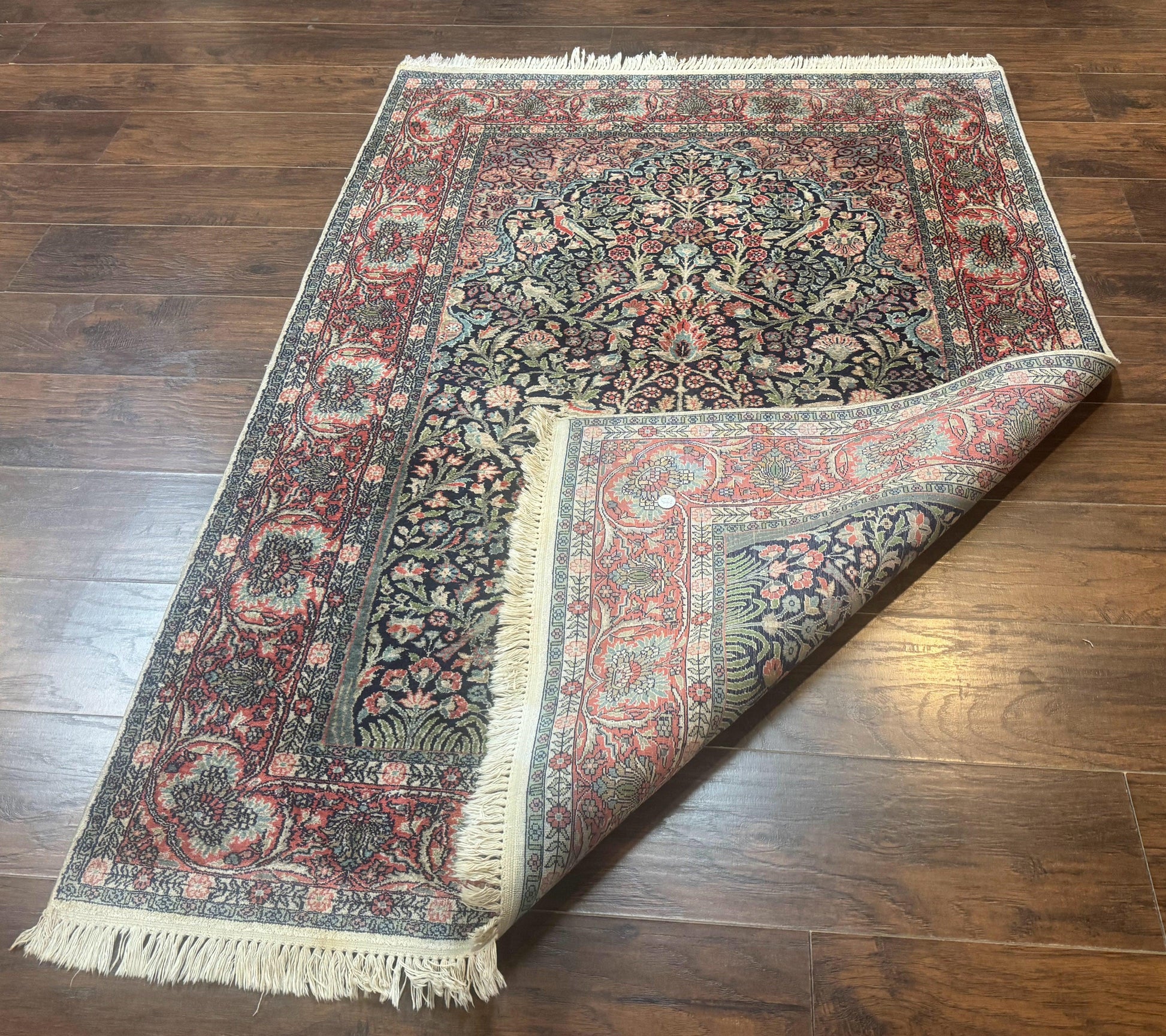 Silk Indian Kashmiri Rug 4x6, Tree of Life Pattern, Birds, Fine 290 KPSI, Navy Blue and Red, Handmade Oriental Carpet - Nuvé