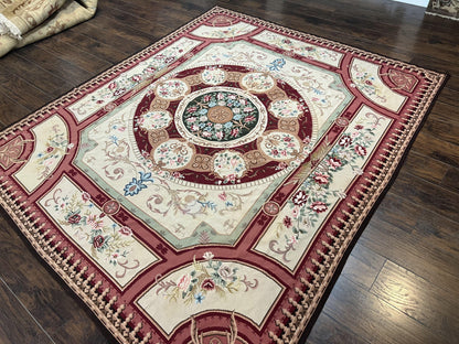 Needlepoint Rug 7.9 x 9, Beige Maroon Rose, Handmade Handwoven Flatweave Aubusson Savonnerie French European Elegant Carpet, Wool Rug - Nuvé
