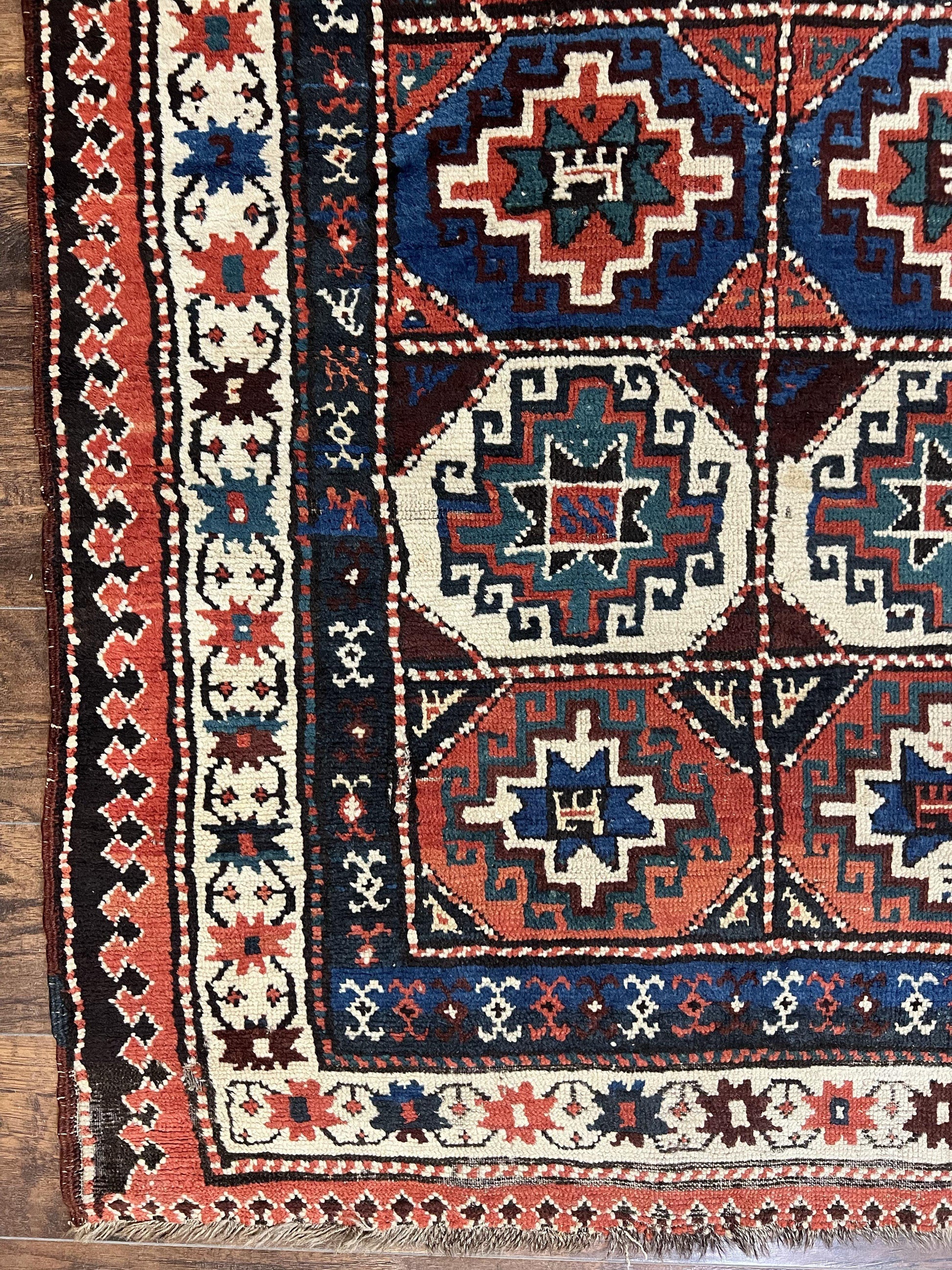 Antique Caucasian Kazak Runner Rug 4 x 9.5, Handmade Wool Rug for Hallway, Rare Colorful Panel Design Mid 19th Century 1870s Oriental Carpet - Nuvé