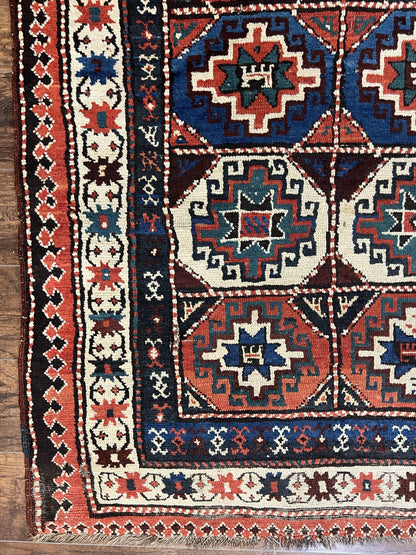 Antique Caucasian Kazak Runner Rug 4 x 9.5, Handmade Wool Rug for Hallway, Rare Colorful Panel Design Mid 19th Century 1870s Oriental Carpet - Nuvé