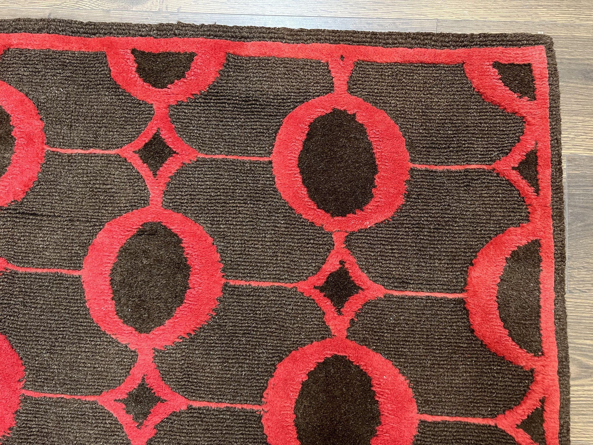 Modern Tibetan Rug 3.8 x 5.7, Raspberry Red and Dark Brown, Abstract Circle Design, Hand Knotted, Soft Wool Handmade Tibet Nepali Carpet 4x6 - Nuvé