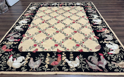 Vintage Hooked Rug 7x9, Rosters in Border, Roses and Butterflies - Nuvé