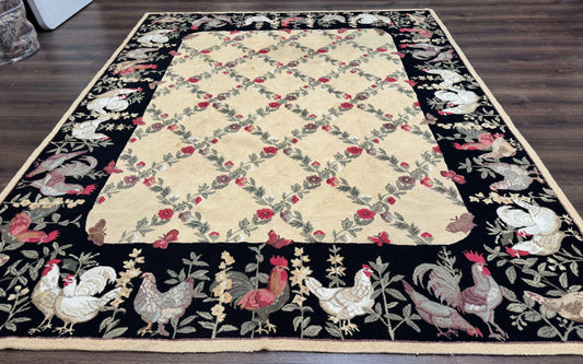 Vintage Hooked Rug 7x9, Rosters in Border, Roses and Butterflies - Nuvé