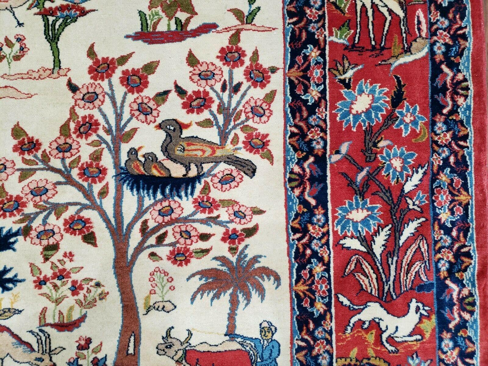 Antique Persian Isfahan Rug 5x7, Animal and Human Pictorials, Hand Knotted Fine Oriental Wool Carpet, Cream and Red, High KPSI, Vintage Rug 5 x 7 ft - Nuvé