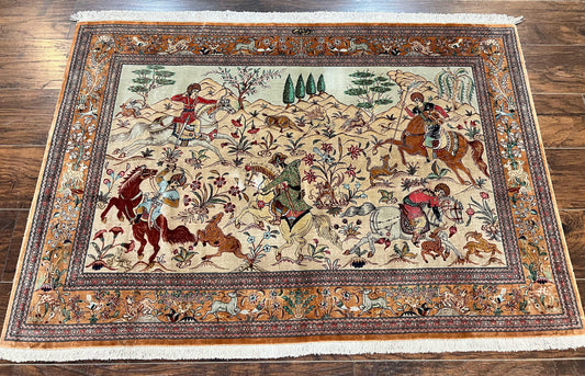 Silk Persian Qum Rug 3x5, Hunting Pattern, Handmade Vintage Carpet, Signed by Master Weaver, Horsemen Pictorials, Super Fine 650 KPSI - Nuvé