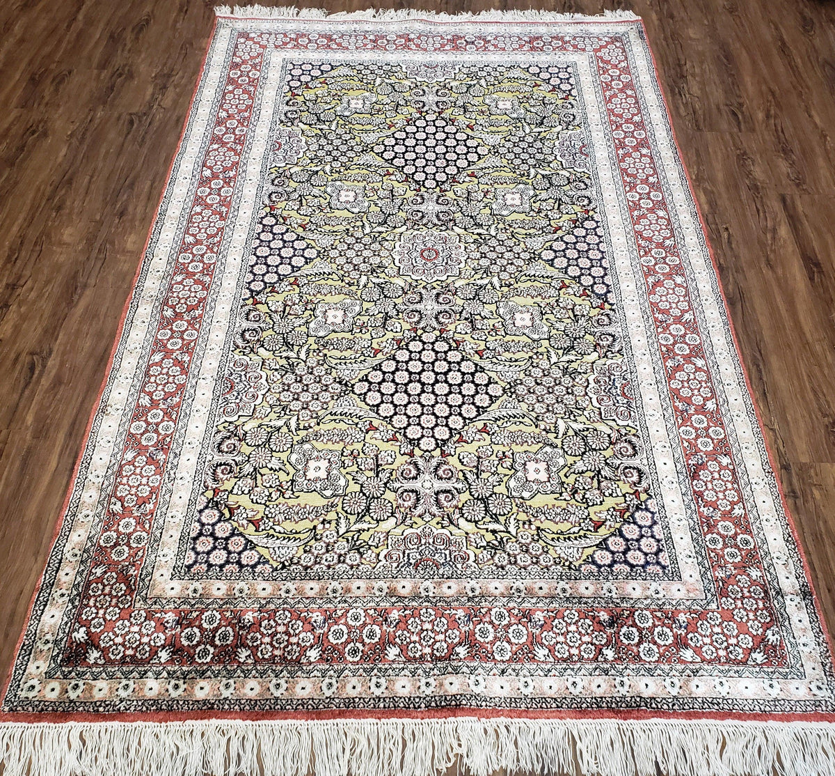 5x8 Indian Kashmiri Silk Rug with Gold Threads