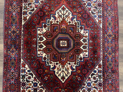 Fine Persian Bidjar Rug 3x5, Geometric Medallion Oriental Bijar Carpet 3 x 5 ft, Ruby Red and Cream, Hand Knotted Wool Rug, Semi Antique Tribal Rug, Nice - Nuvé