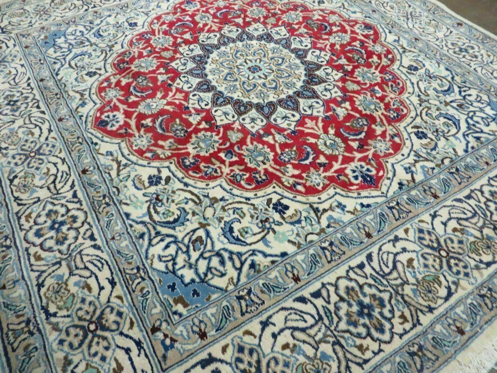 Square Persian Nain Rug 6.3 x 6.8, Hand-Knotted Wool with Silk Accents, Ivory Red Blue - Nuvé
