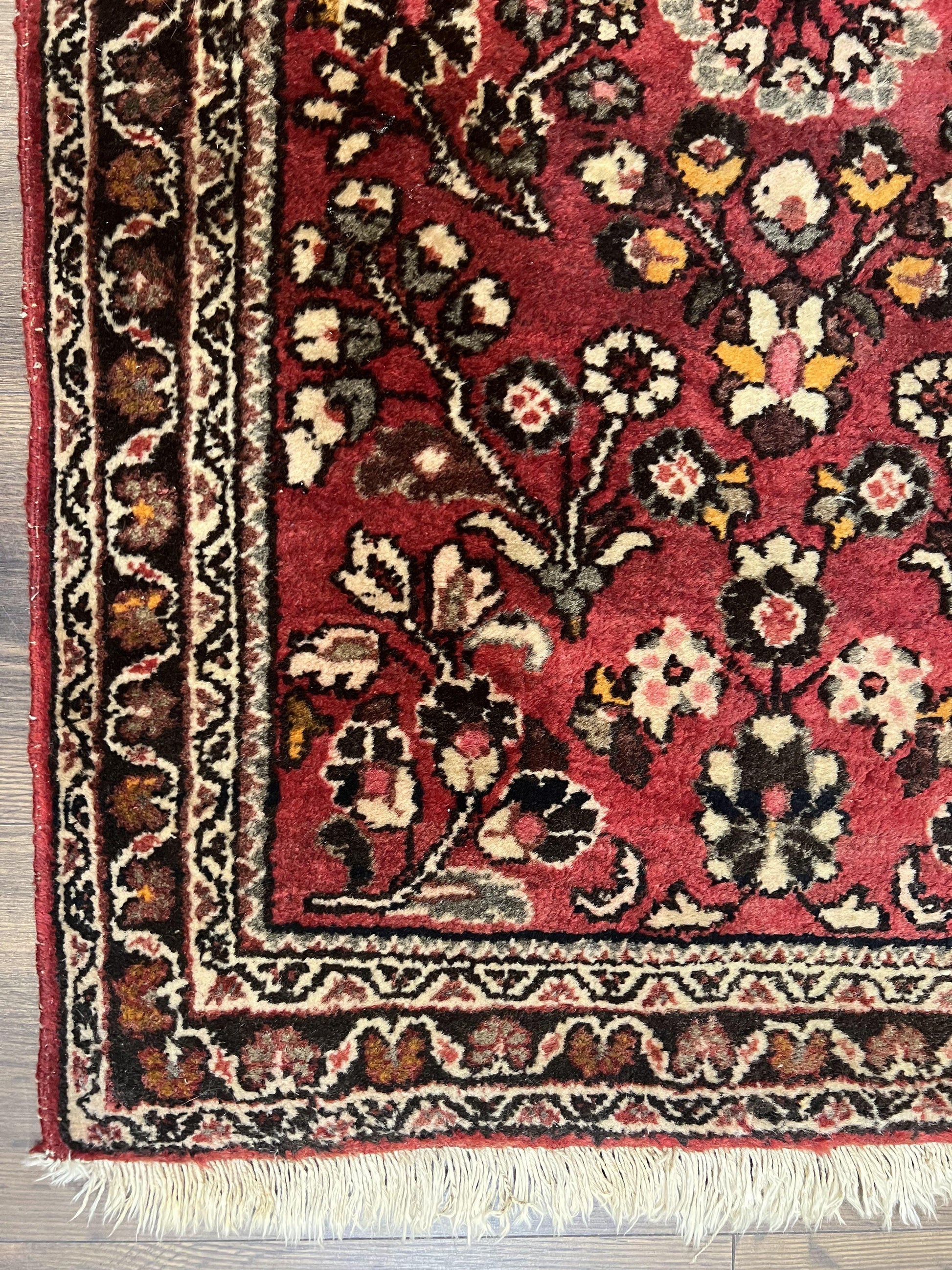 Small Persian Sarouk Rug 2x4 ft, Allover Floral Pattern, Red Black Cream, Hand Knotted Wool Traditional Oriental Carpet, Antique Persian Rug 2 x 4 - Nuvé