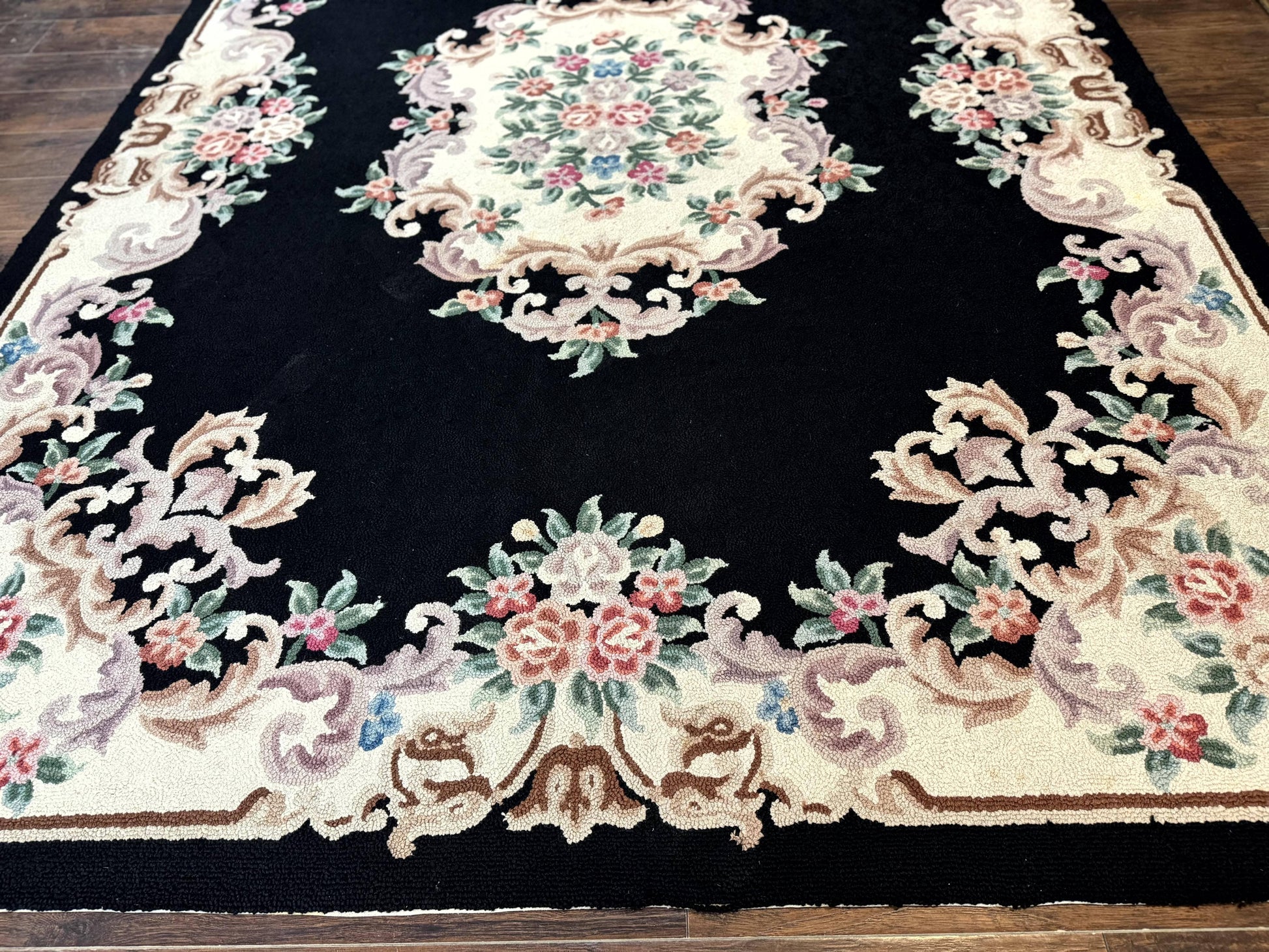 Aubusson Rug 8x11, Black and Ivory, Hooked Rug, Vintage, Wool - Nuvé