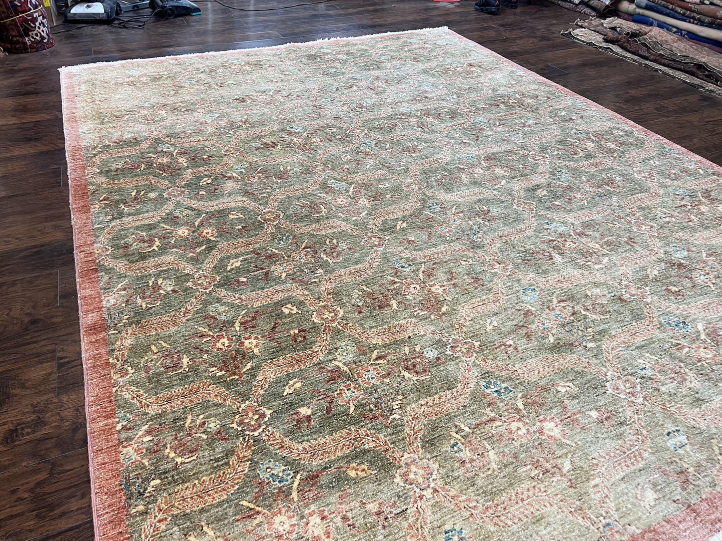 Large Modern Pakistani Rug 9x12, Handmade Wool Carpet, Peshawar Rug, Hand Knotted Oriental Rug, Contemporary, Floral, Light Green - Nuvé