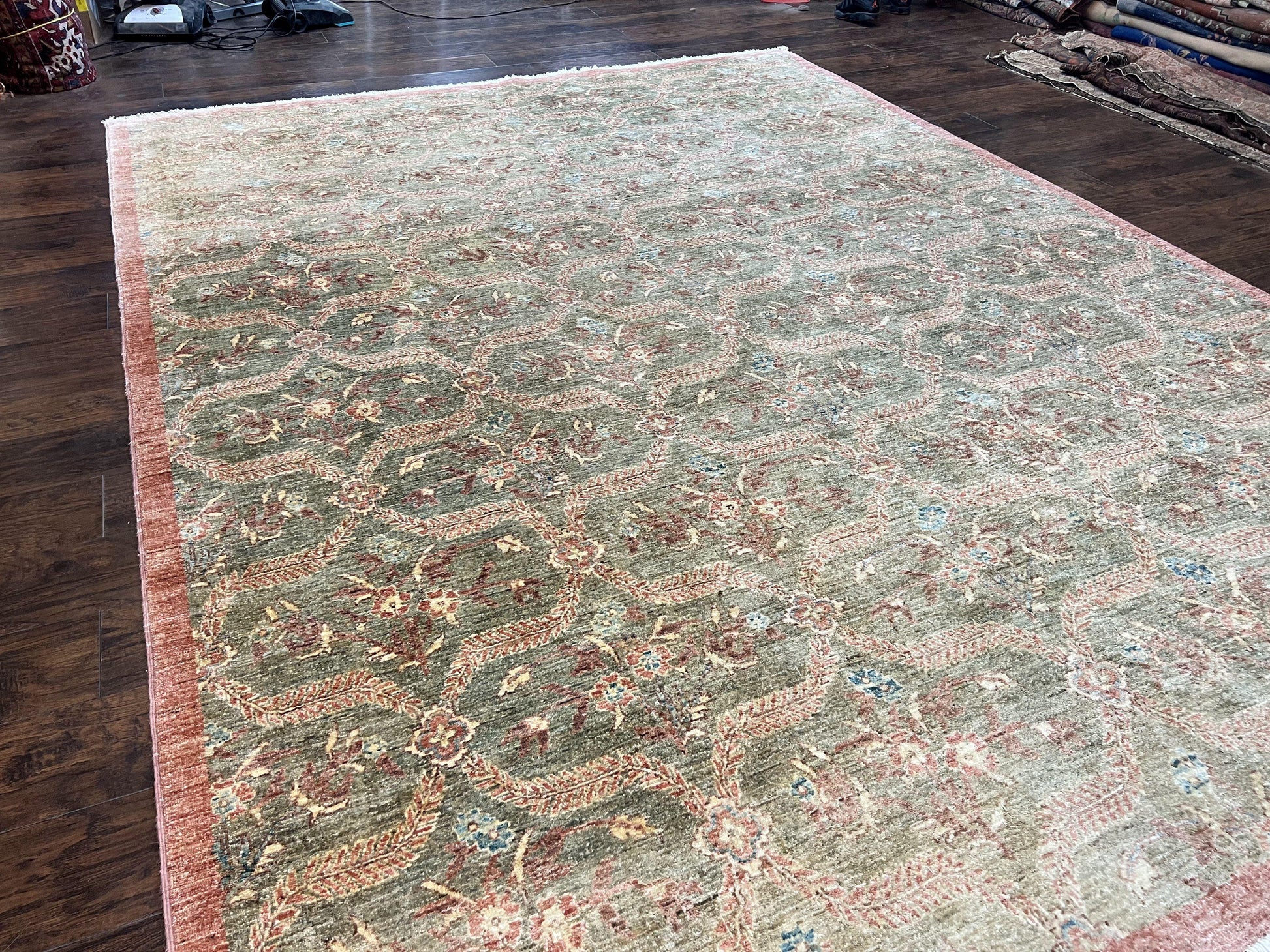 Large Modern Pakistani Rug 9x12, Handmade Wool Carpet, Peshawar Rug, Hand Knotted Oriental Rug, Contemporary, Floral, Light Green - Nuvé