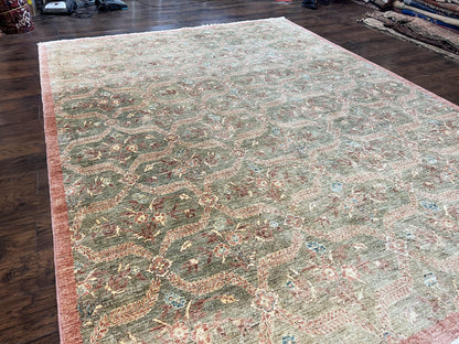 Large Modern Pakistani Rug 9x12, Handmade Wool Carpet, Peshawar Rug, Hand Knotted Oriental Rug, Contemporary, Floral, Light Green - Nuvé