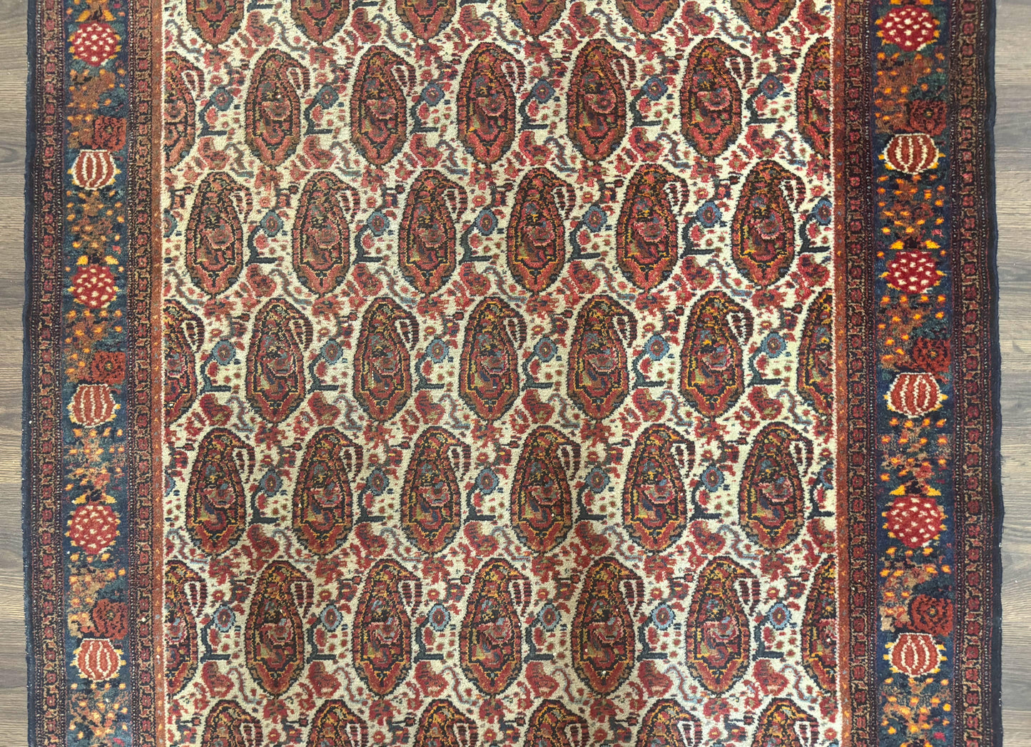 Antique Persian Kurdish Senneh Rug 4.6 x 6.5, Repeated Paisely Boteh Design, Handmade - Nuvé