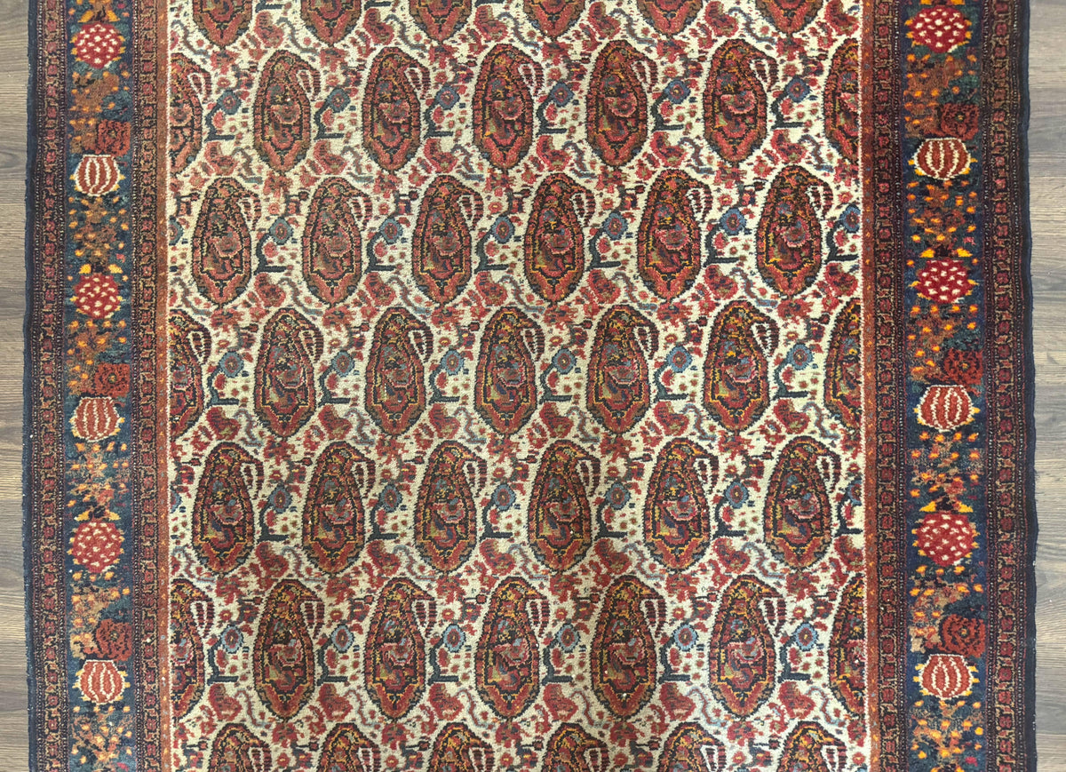 Antique Persian Kurdish Senneh Rug 4.6 x 6.5, Repeated Paisely Boteh Design, Handmade