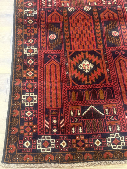 Afghan Rug 3x7, Balouch Carpet, Tribal Rug, Red, New